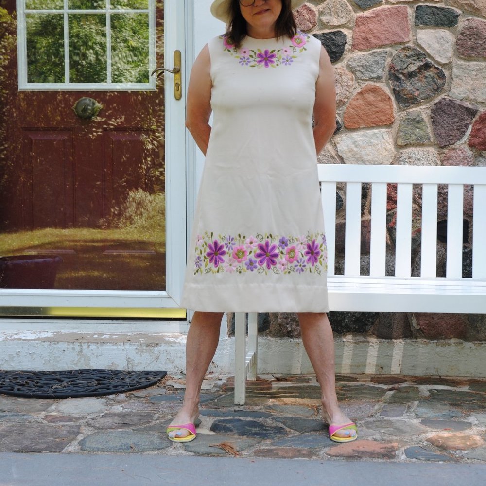 1960s FLOWER POWER Bust 38 tan dress Hand Embroidered Flowers, hand sewn  Groovy